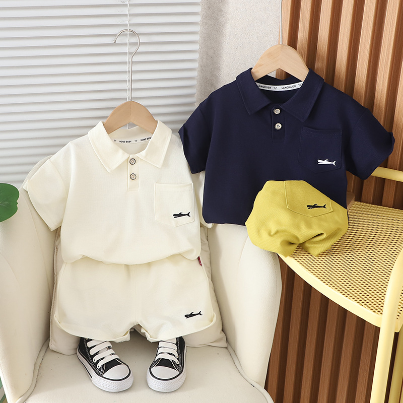 2024 New Children's round Neck Short Sleeve Suit Girls' Summer Clothes Boys' Korean Polo Shirt Children's Clothes Children's Clothing