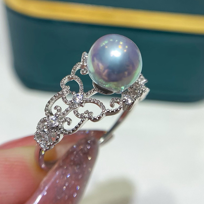 s925银款戒指日本海水珍珠真多麻灰色akoya7-8mm圆强光微微瑕介子