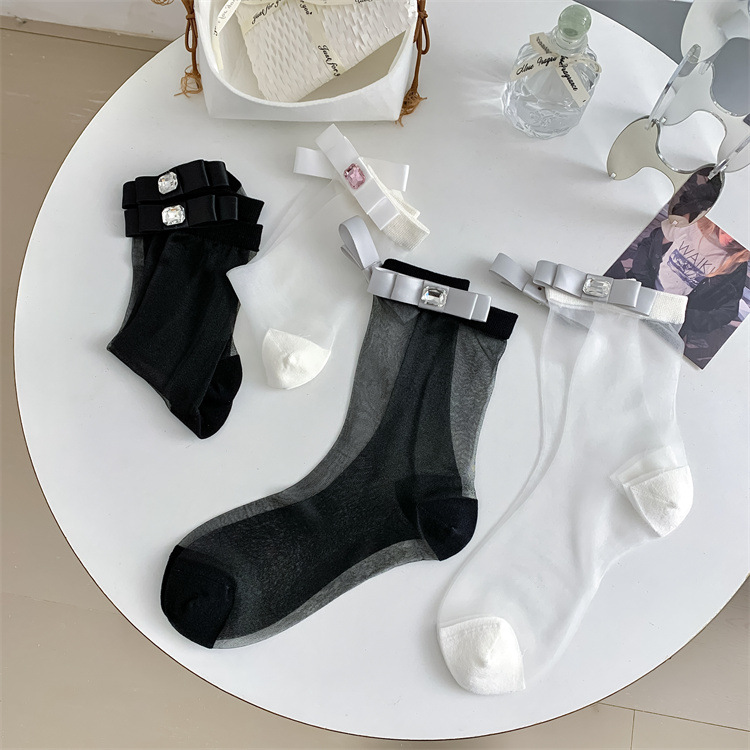 24春夏新品玻璃丝袜韩版黑白系亮钻卡丝女中筒袜超薄透明水晶丝袜