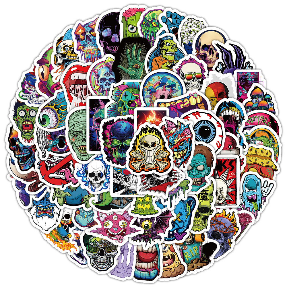 100张潮酷炫彩骷髅贴纸装饰行李箱笔记手账桌面儿童防水贴画批发
