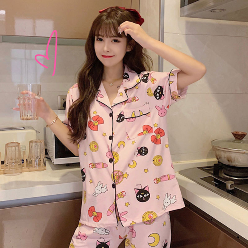 韩版卡通睡衣女夏短袖新品春秋季时尚可爱开衫薄款家居服套装