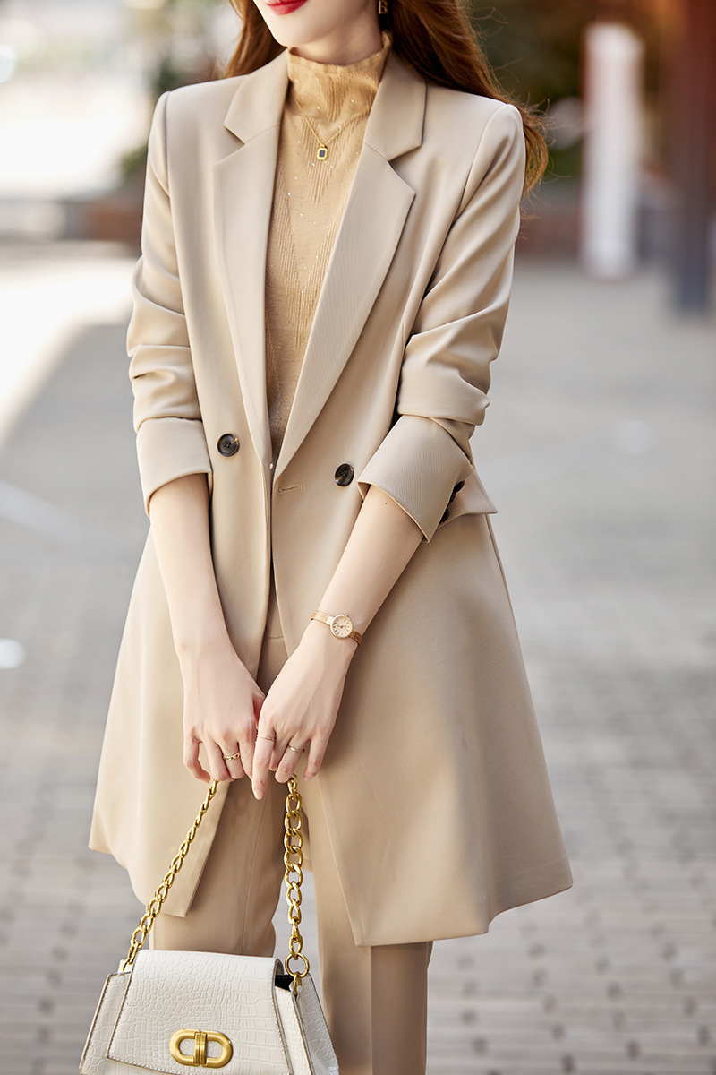 杏色小西装外套女2020新款秋装韩版英伦风中长款休闲职业西服套装
