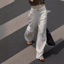 夏季薄款高腰显瘦垂感长裤子女小个子休闲百搭白色条纹窄版阔腿裤