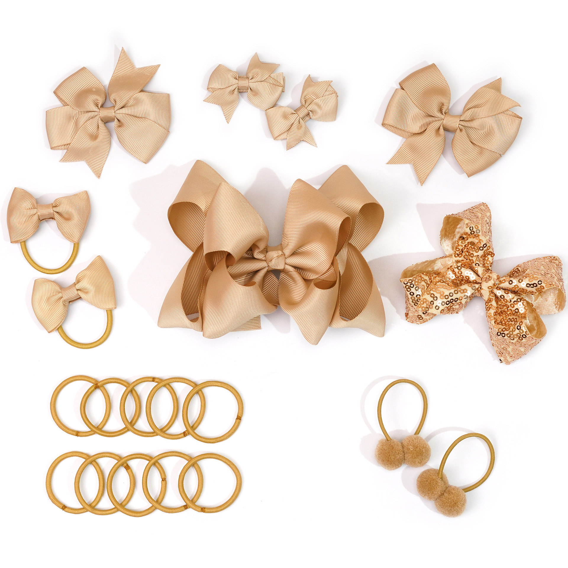儿童头饰 蝴蝶结发夹亮片女孩头花皮筋发圈卡其纯色20pcs组合套装