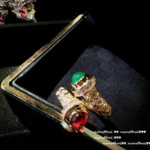 斯托茨布利祖母绿双头宝石戒指 古董感镀18K金石榴红锆石蛇纹戒指