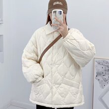 温柔风加厚加绒保暖奶黄色棉服外套女冬季中长款宽松休闲菱格棉衣