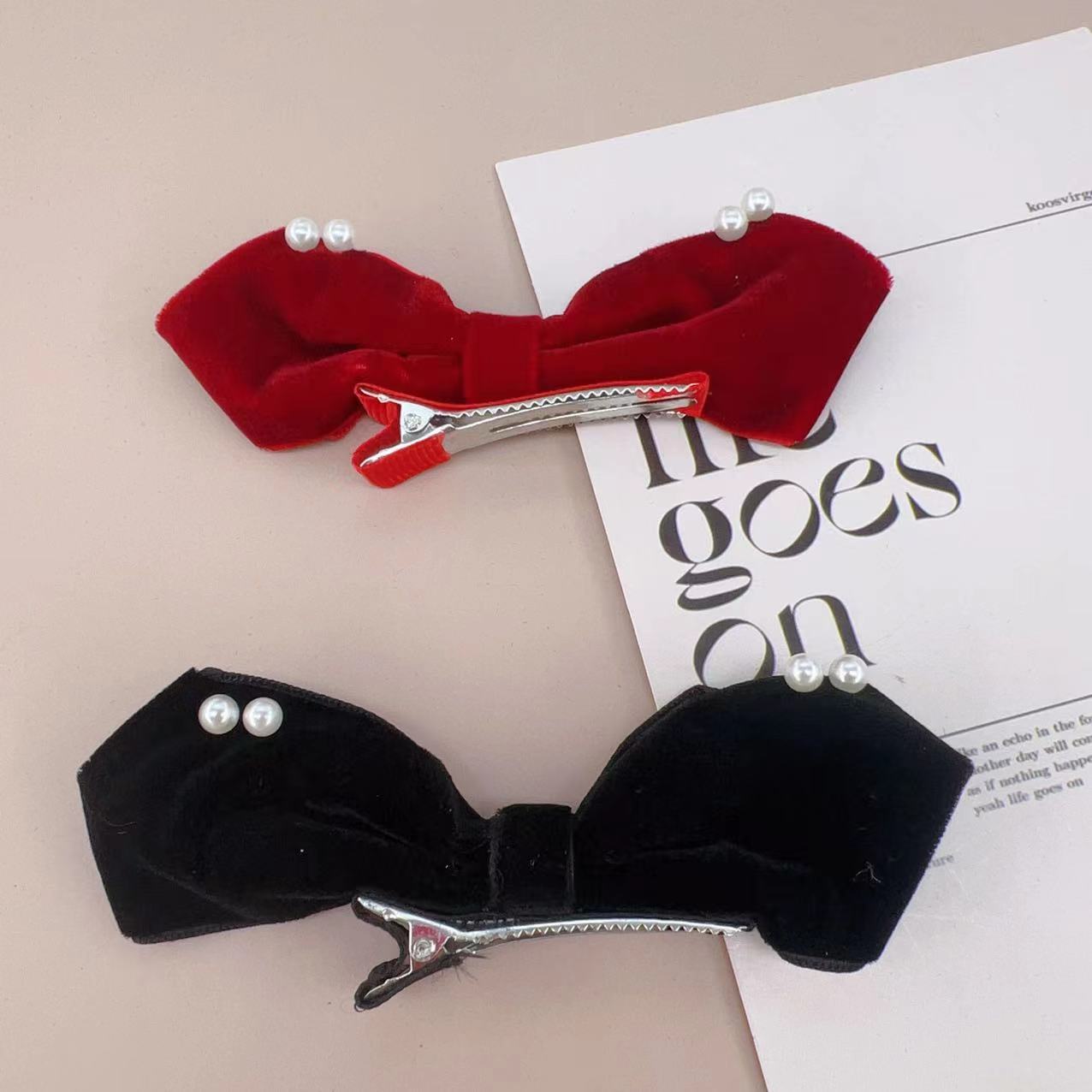 兔耳朵立体珍珠丝绒发夹儿童蝴蝶结发卡公主可爱红色对夹亲子头饰