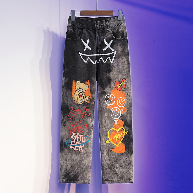 欧美阔腿牛仔裤大码女装涂鸦长裤秋季嘻哈水洗老爹裤子