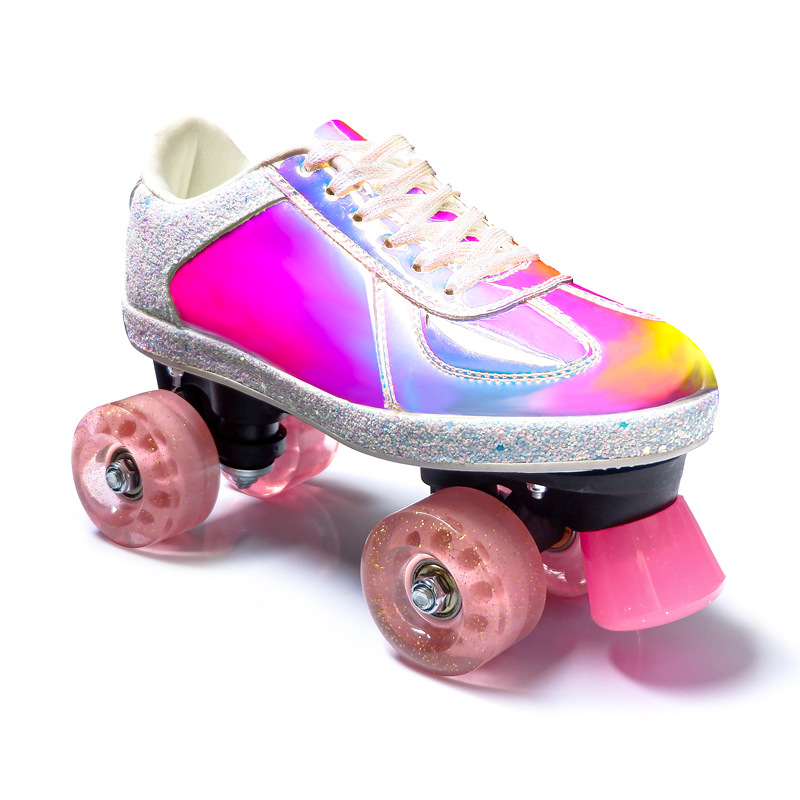 新品双排轮滑鞋成人女光面亮片低帮四轮旱冰鞋变色鞋子炫彩溜冰鞋