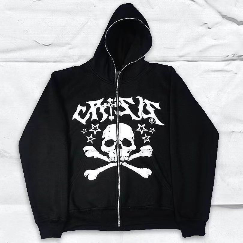 跨境外贸新款欧美骷髅字母印花铁拉链连帽卫衣男装潮牌高街外套批