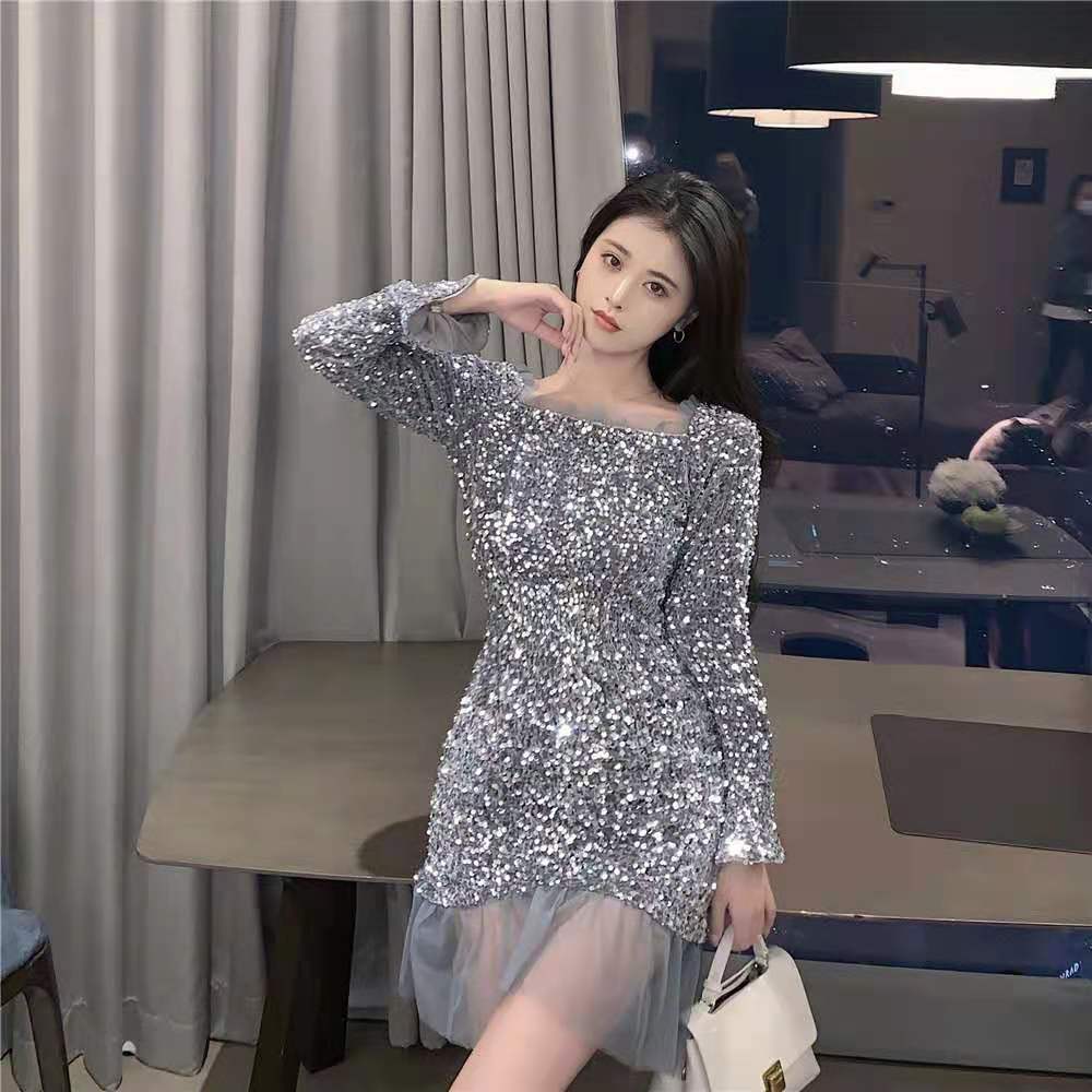 实拍新款名媛性感重工亮片网纱鱼尾裙韩版洋气女神范夜店年会礼服