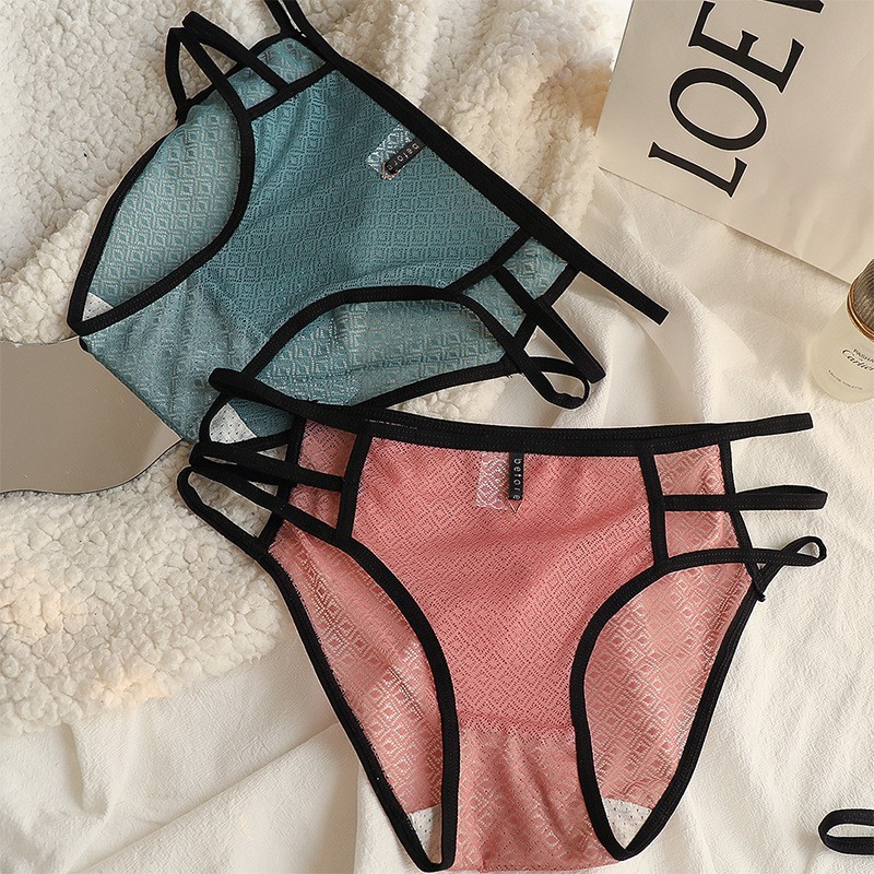 欧美性感网纱内裤女侧边系带字母诱惑高弹低腰绑带无痕三角裤镂空
