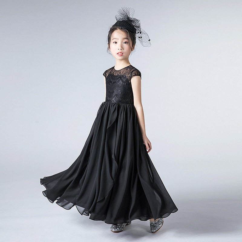 2022款女中大童钢琴表演礼服裙黑色小提琴演奏长款学生考级演出服