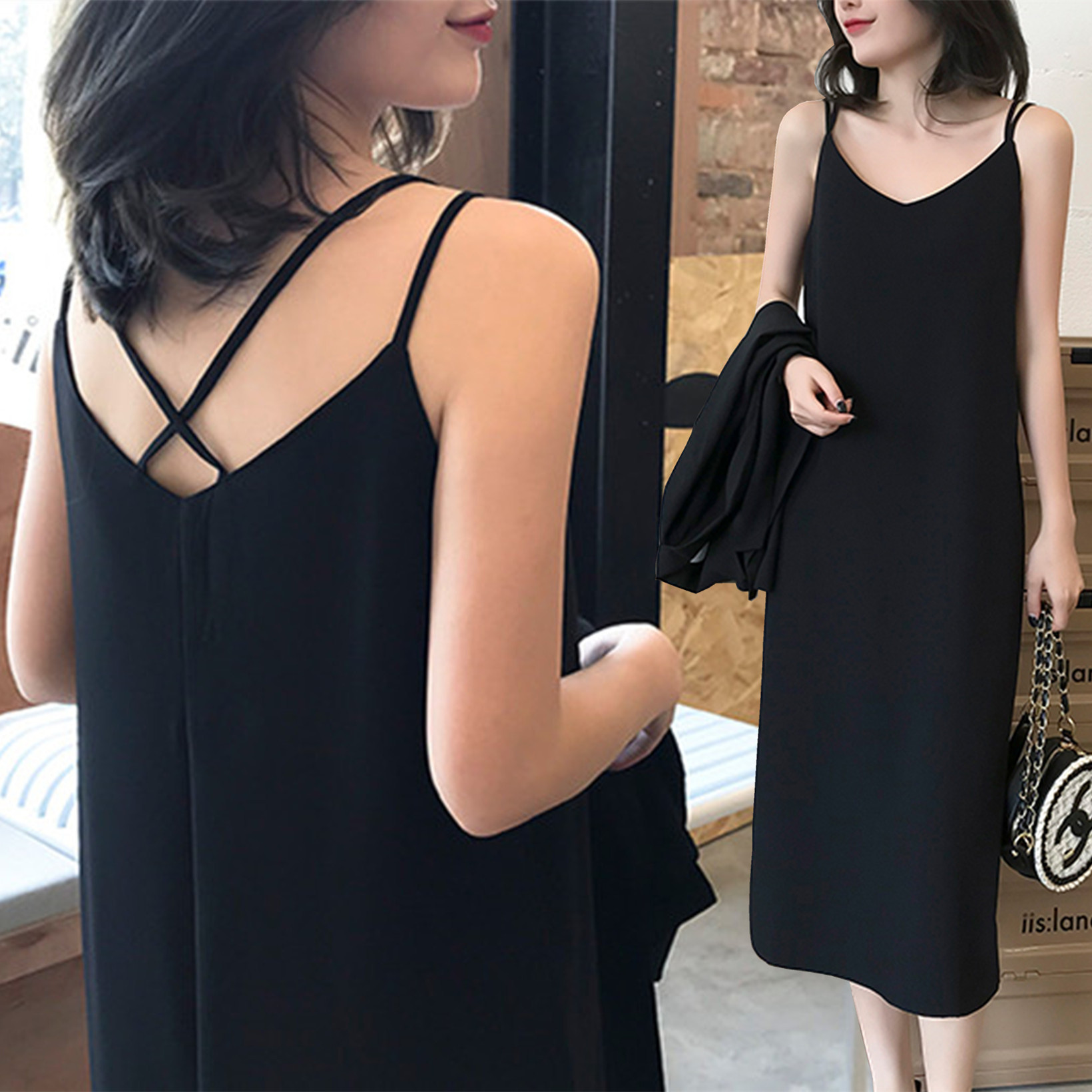 吊带连衣裙女夏季新款宽松内搭打底领雪纺开叉长裙度假背心裙子