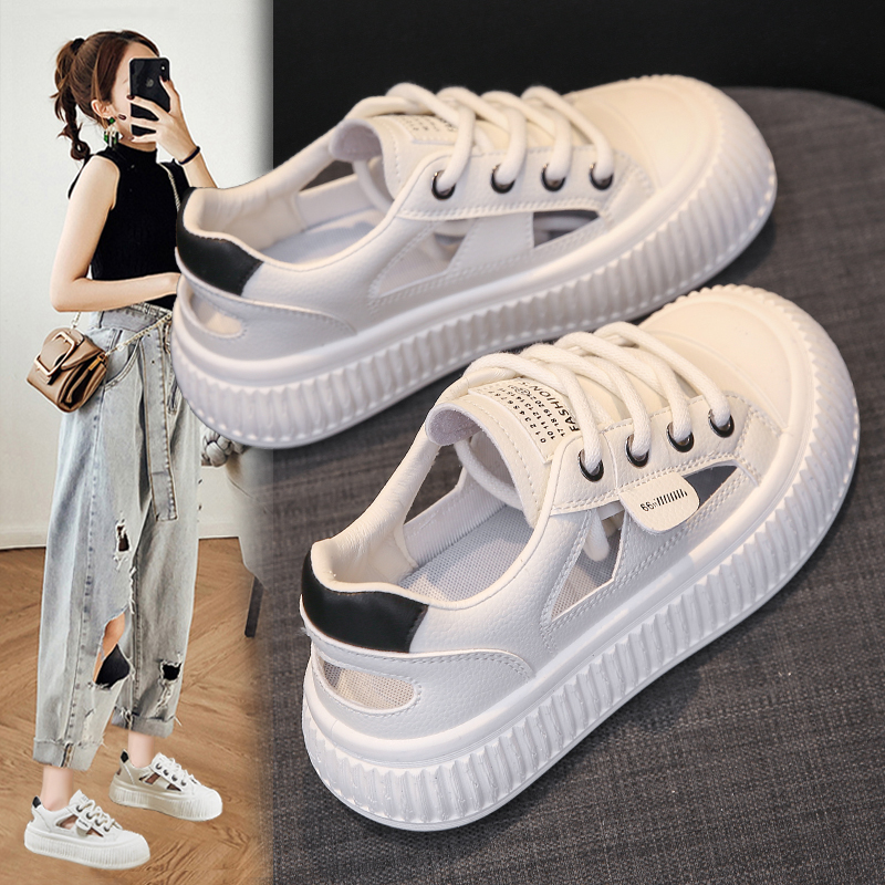 女鞋子透气运动凉鞋洞洞镂空罗马春夏新款饼干厚底大头小白鞋2024