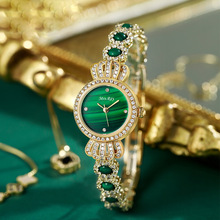 复古孔雀石女士小绿表 时尚手腕表 镶钻皇冠石英女士手链表定 制