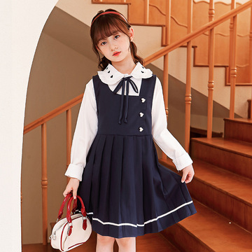 一件代发包邮女童秋装新款白色儿童衬衫马甲连衣裙学院风女童套装