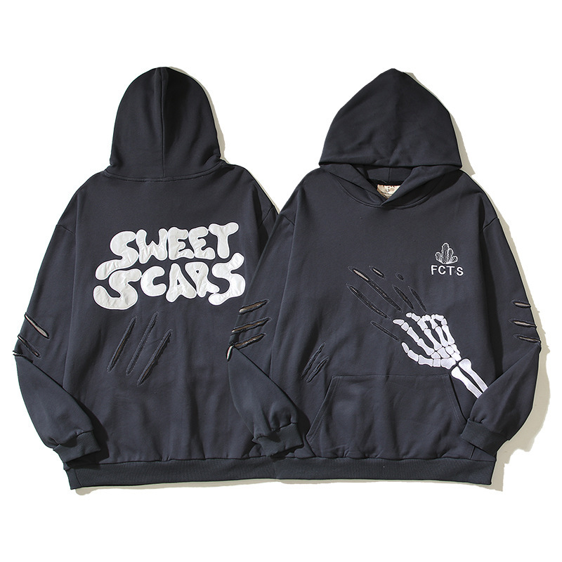 纯棉外套 travis scott美式高街暗黑风骷髅手指刺绣破洞连帽卫衣