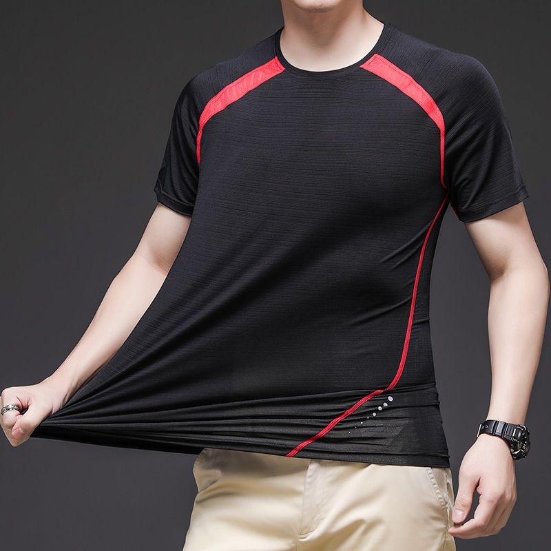 冰丝短袖t恤男军绿色夏季薄款潮流圆领休闲运动透气弹力体恤-阿里巴巴