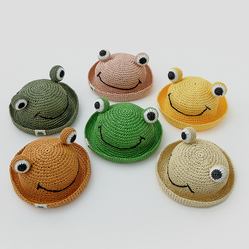 一潘 儿童帽子夏季新款卡通小青蛙手工盆帽户外遮阳帽宝宝草帽