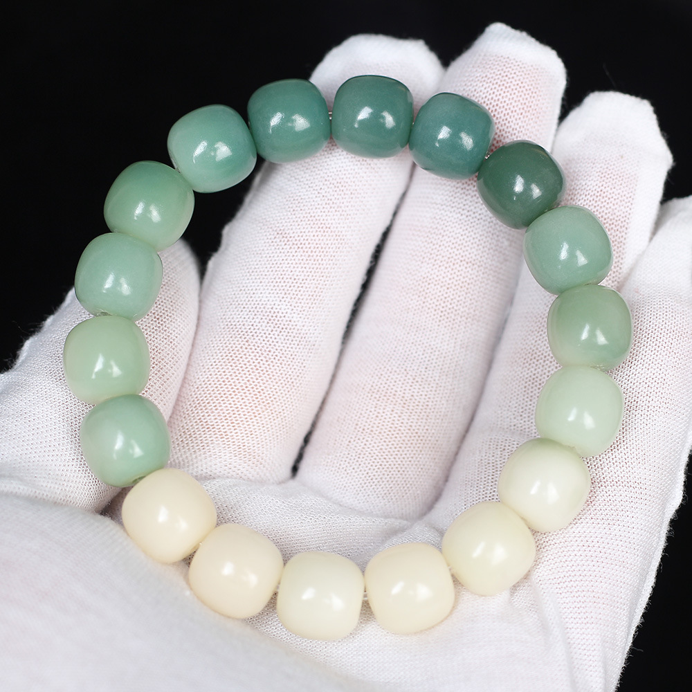 Gradient Greenery Leather White Jade Bodhi Root Bracelet Bodhi Seed Handheld Men and Women Pliable Temperament Hand Toy Buddha Beads Collectables-Autograph Bracelet