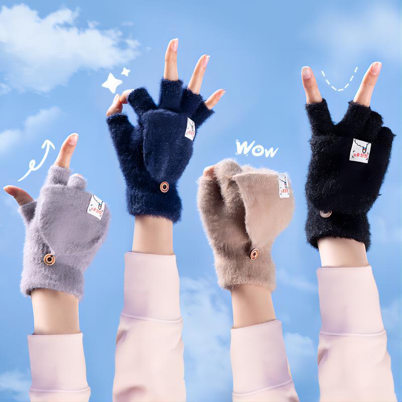 Plush Autumn and Winter Half Finger Flip Men and Women Warm Thickened Bag Student Writing Knitted Knitting Wool Gloves Wholesale