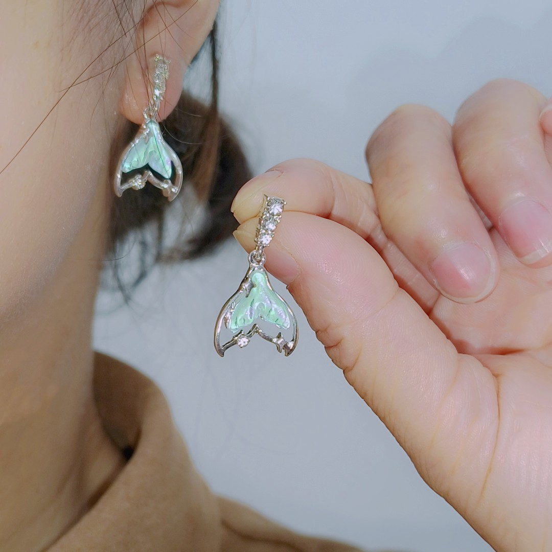 Beautiful and Fairy! Zircon Aurora Fishtail Pendant Earrings Ins Trendy Light Luxury Advanced Personality Unique Design Earrings