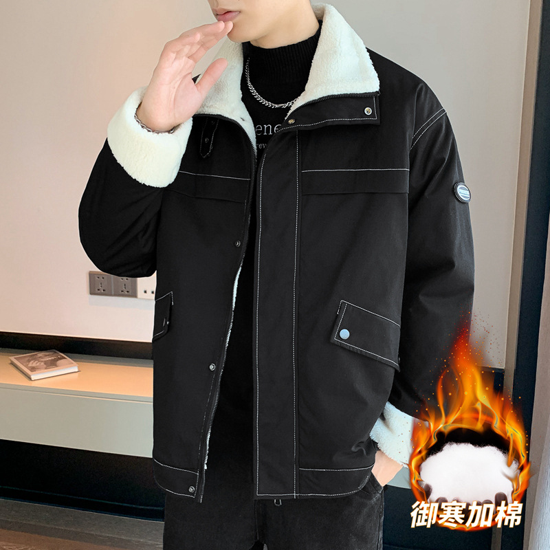 摇粒绒翻领棉服外套男仿羊羔绒夹克棉衣冬季加绒加厚保暖开衫卫衣