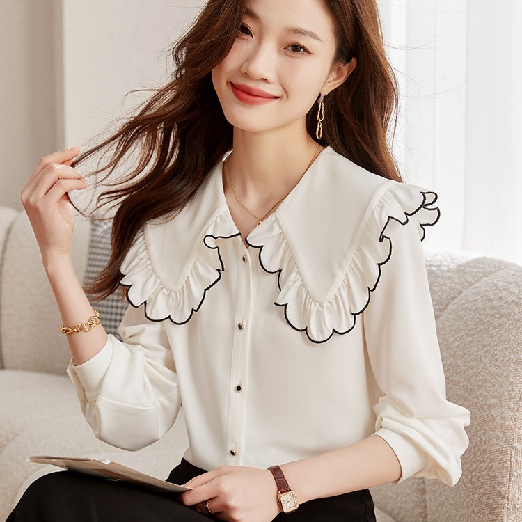 法式荷叶边娃娃领衬衫2024年春季新款女装甜美小个子上衣-阿里巴巴