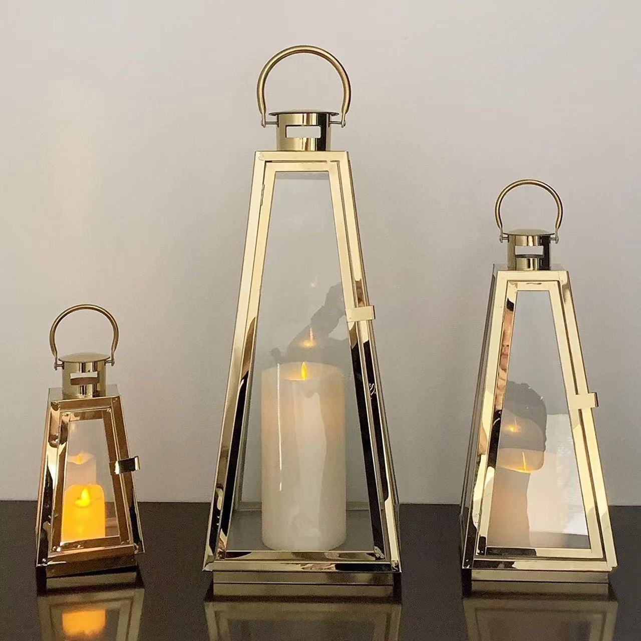 European-Style Floor Stainless Steel Windproof Storm Lantern Gold Retro Candlestick Wedding Props Outdoor Simplicity Ornaments