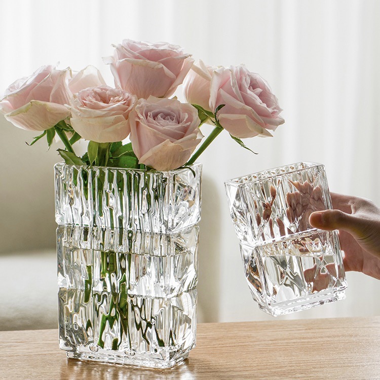 五个尺寸矩形卢梭水晶花瓶北欧璀璨加厚玻璃花瓶批发插花装饰摆件