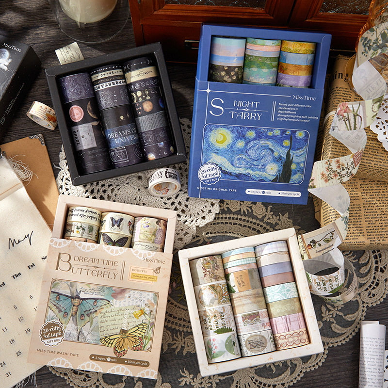 拾光套装胶带 繁星月夜系列手帐欧式复古素材拼贴打底贴画 20卷入
