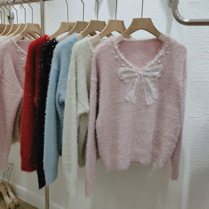 宽松仿貂绒短款套头毛衣外套女秋冬外搭软糯蝴蝶结亮丝针织衫上衣