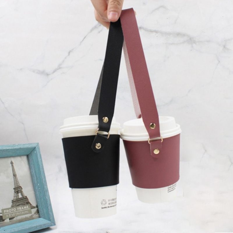 环保咖啡奶茶手提杯套 pu皮革便携式饮料杯袋 隔热打包杯套印logo