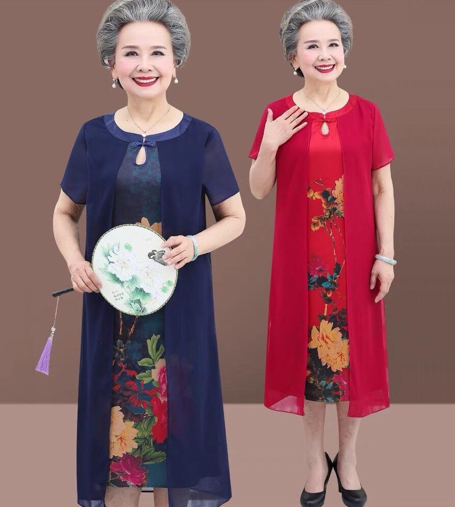 中老年人夏装女奶奶装连衣裙中长款60岁70老年妈妈老人阔太太裙子