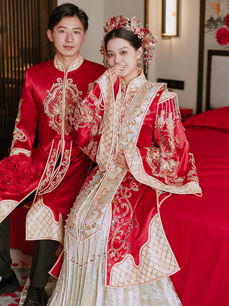 明制汉服秀禾服新娘2023新款中式结婚礼服男女凤冠霞帔婚服秀和服