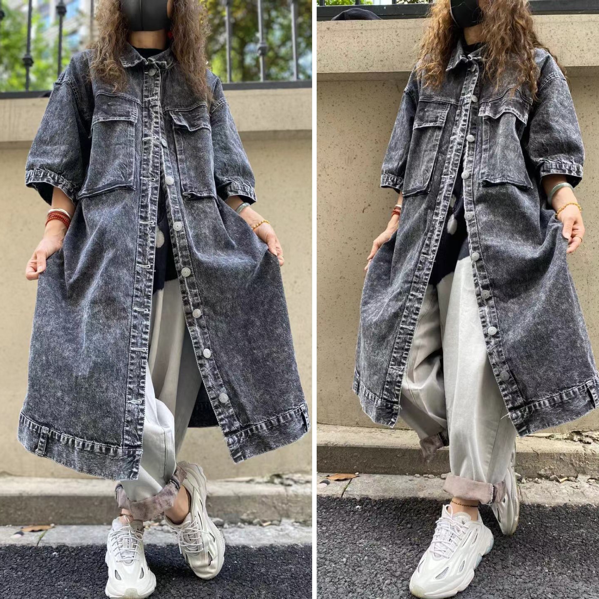 长款牛仔外套2022春季新款通勤休闲大码polo领风衣女士简梦文艺潮流