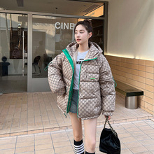 短款连帽羽绒棉服女2022年新款时尚印花格子面包服韩版宽松外套