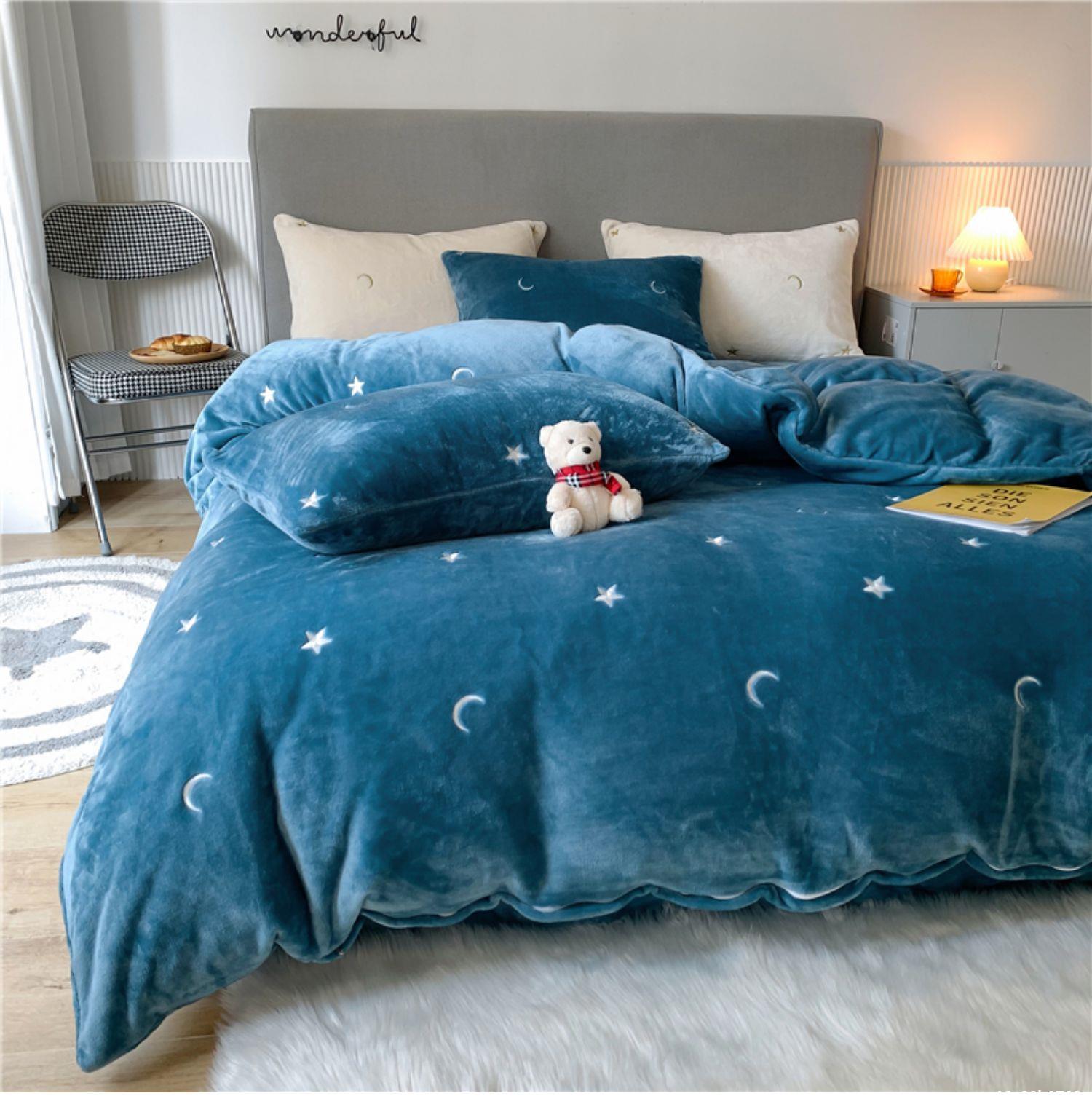 星空刺绣双面绒床上四件套轻奢风被套秋冬季加厚珊瑚绒床单法兰绒