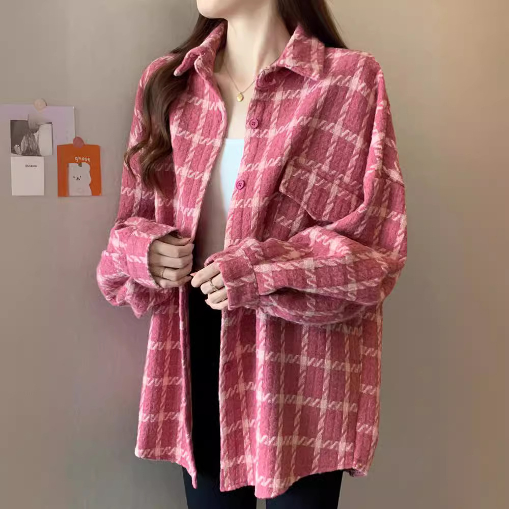 外套2024春秋新款大码女装胖mm中长款chic格子多巴胺毛呢粉色上衣