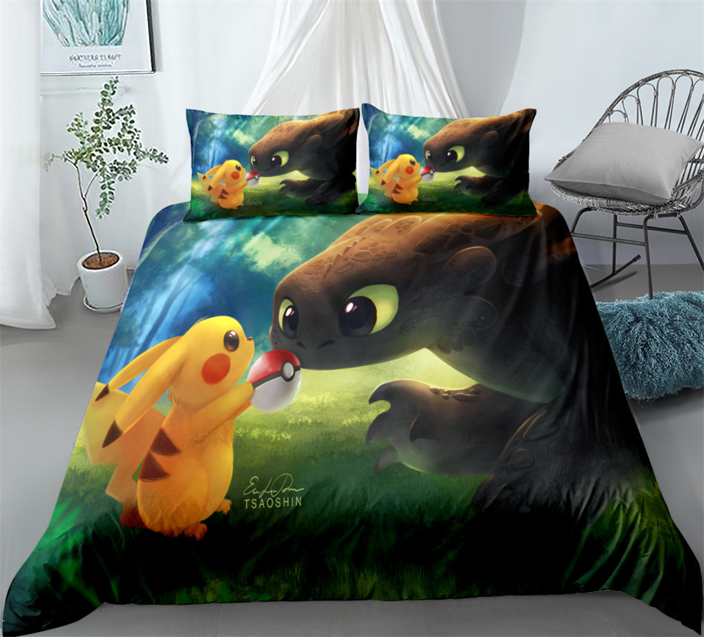 跨境ebay亚马逊口袋怪兽皮卡丘数码印花床上用品三件套