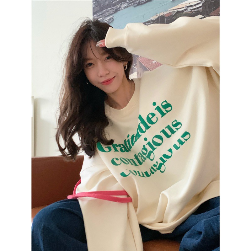 Real Shot 2023 Early Spring Korean Style Letter Pullover Sweatshirt Women's Loose All-Matching round Neck T-shirt Outer Wear Ins Fashion 43594