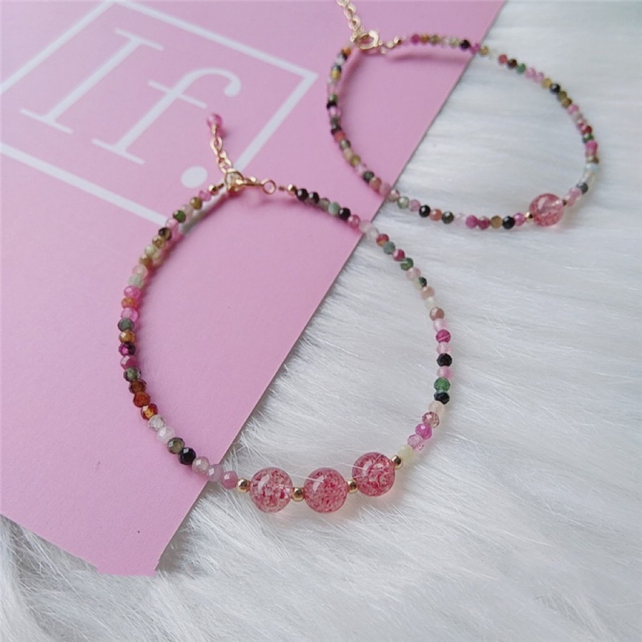 New Extremely Fine Bracelet Strawberry Quartz Candy Tourmaline Crystal 14K Gilded Bracelet Female Fresh Sweet Style Gift