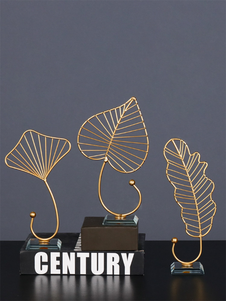 批发北欧简约银杏叶铁艺摆件 家居客厅酒柜玄关装饰轻奢艺术摆件