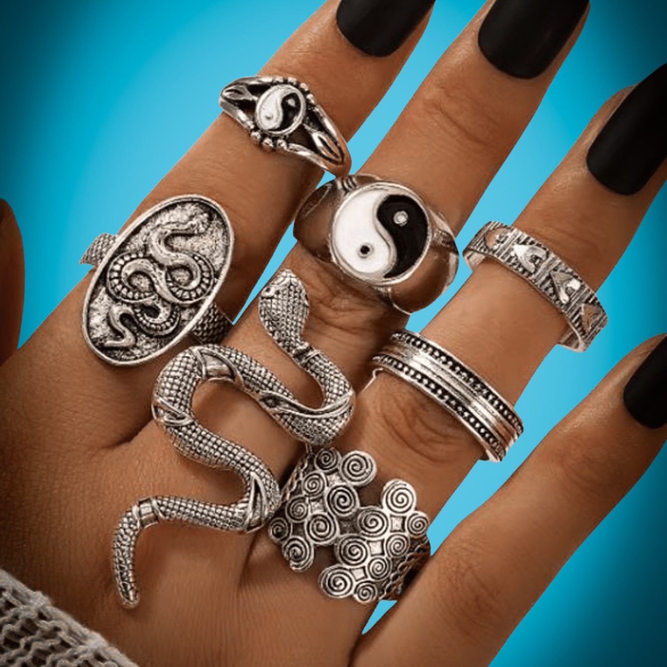 跨境欧美热款古银色太极蛇套装戒指脏脏风合金套戒嘻哈戒指七件套