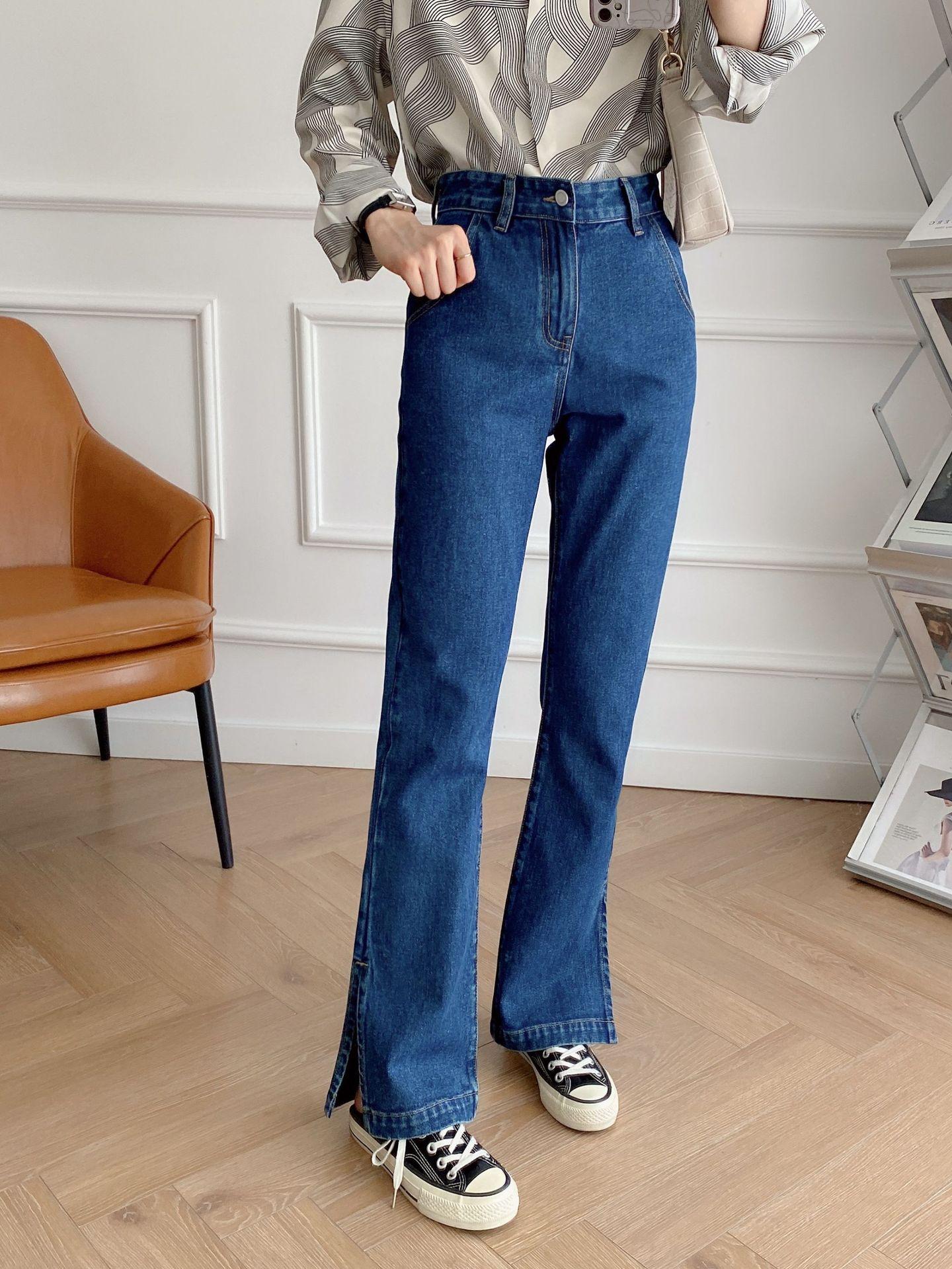 日本春季深蓝色开叉牛仔裤女2022新款垂感高腰直筒宽松阔腿拖地裤