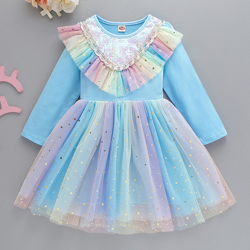 Spring Princess Elsa Dress Girls Autumn Rainbow Long Sleeve Dress Wings Tulle Tutu Unicorn