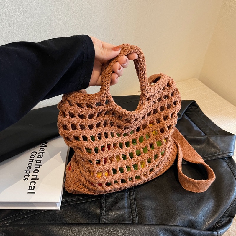 法式大容量单肩钩织包新款镂空托特手提毛线编织包海边度假沙滩包