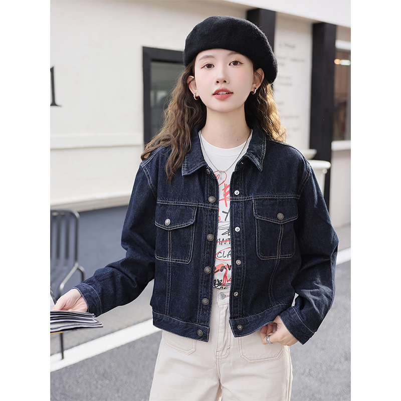 深蓝色短款牛仔外套女2024春季港风宽松百搭复古小个子牛仔衣夹克