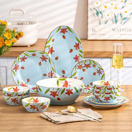 釉下彩陶瓷碗碟盘套装手绘花卉简约家用餐具耐高温烤瓷烤箱萌趣